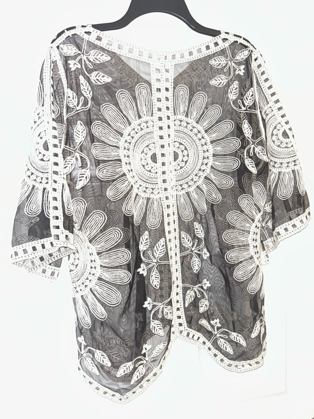 Women's Sheer Embroidered Black & White Kimono Top